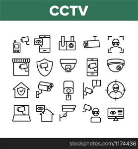 Cctv Security Camera Collection Icons Set Vector Thin Line. Cctv Video Surveillance, Robber, Computer And Mobile Phone Appliance Concept Linear Pictograms. Monochrome Contour Illustrations. Cctv Security Camera Collection Icons Set Vector