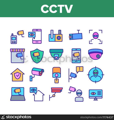 Cctv Security Camera Collection Icons Set Vector Thin Line. Cctv Video Surveillance, Robber, Computer And Mobile Phone Appliance Concept Linear Pictograms. Color Contour Illustrations. Cctv Security Camera Collection Icons Set Vector