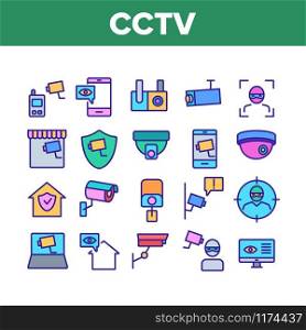 Cctv Security Camera Collection Icons Set Vector Thin Line. Cctv Video Surveillance, Robber, Computer And Mobile Phone Appliance Concept Linear Pictograms. Color Contour Illustrations. Cctv Security Camera Collection Icons Set Vector