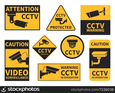 Cctv stickers. Various security camera equipment, video surveillance for street, home and building, private property warning signs cctv vector set. Cctv stickers. Various security camera equipment, video surveillance for street, home and building, warning signs cctv vector set