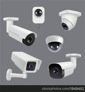 Cctv systems. Security cameras house electronic smart technologies decent vector realistic set. Security system cctv, control and safety illustration. Cctv systems. Security cameras house electronic smart technologies decent vector realistic set