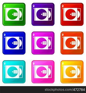 CD box with disc icons of 9 color set isolated vector illustration. CD box with disc icons 9 set