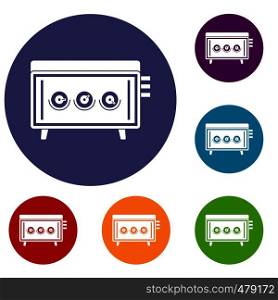 CD changer icons set in flat circle red, blue and green color for web. CD changer icons set