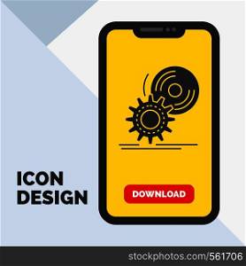 cd, disc, install, software, dvd Glyph Icon in Mobile for Download Page. Yellow Background. Vector EPS10 Abstract Template background