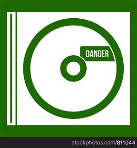 CD with danger lettering icon white isolated on green background. Vector illustration. CD with danger lettering icon green