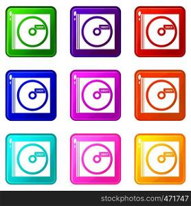 CD with danger lettering icons of 9 color set isolated vector illustration. CD with danger lettering icons 9 set