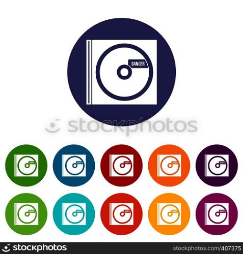 CD with danger lettering set icons in different colors isolated on white background. CD with danger lettering set icons