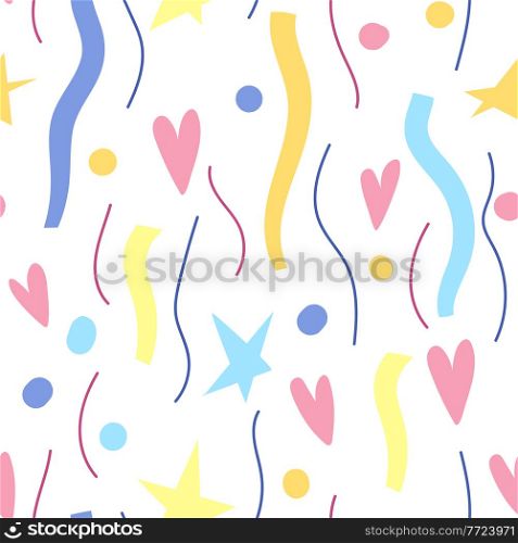 Ceamless pattern with streamers and hearts. Background for Birthday, anniversary and party. Celebration or holiday illustration.. Ceamless pattern with streamers and hearts. Background for Birthday, anniversary and party.