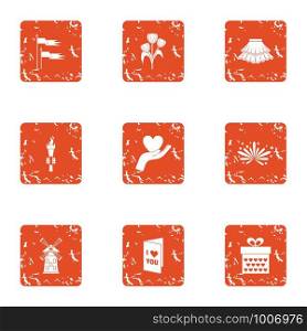 Cease to love icons set. Grunge set of 9 cease to love vector icons for web isolated on white background. Cease to love icons set, grunge style