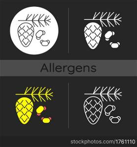 Cedar and pine tree pollen dark theme icon. Branch with needles, cypress stem. Common allergen. Allergy for plant. Linear white, simple glyph and RGB color styles. Isolated vector illustrations. Cedar and pine tree pollen dark theme icon