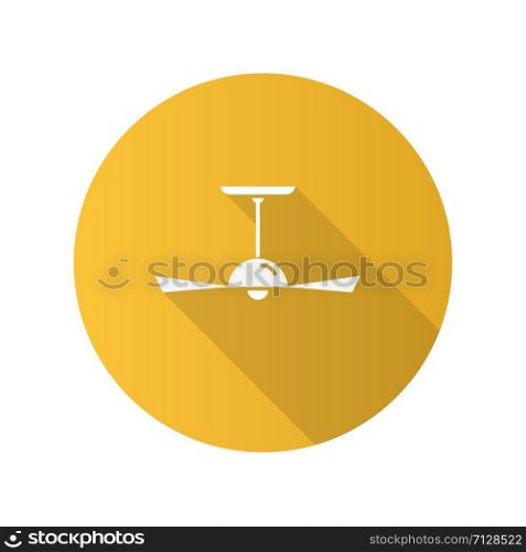 Ceiling fan yellow flat design long shadow glyph icon. Cooling device with propeller. Electric ventilator, air conditioner. Temperature regulating home appliance. Vector silhouette illustration