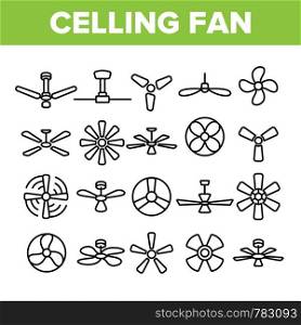 Ceiling Fans, Propellers Vector Linear Icons Set. Electric Indoor Fans Outline Symbols Pack. Air Conditioning, Cooling, Climate Control Technology. Household Appliance Isolated Contour Illustrations. Ceiling Fans, Propellers Vector Linear Icons Set