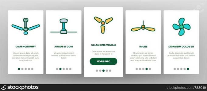 Ceiling Fans, Propellers Vector Onboarding Mobile App Page Screen. Electric Indoor Fans. Air Conditioning, Cooling, Climate Control Technology. Household Appliance Illustrations. Ceiling Fans, Propellers Vector Onboarding Mobile App Page Screen