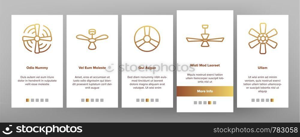 Ceiling Fans, Propellers Vector Onboarding Mobile App Page Screen. Electric Indoor Fans. Air Conditioning, Cooling, Climate Control Technology. Household Appliance Illustrations. Ceiling Fans, Propellers Vector Onboarding Mobile App Page Screen