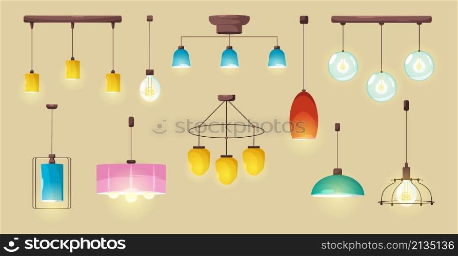 Ceiling lamps, glowing electric bulbs, modern lightbulbs of different shapes and design hanging from above. Light equipment, isolated incandescent chandeliers for room Cartoon vector illustration, set. Ceiling lamps, modern glowing electric bulbs set