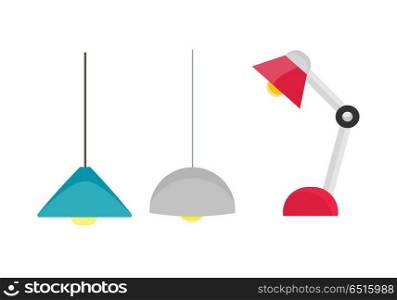 Ceiling light and table lamp vector. Flat design. Simple classic chandeliers and lamp for office, cafe, shop and apartment. Illustration for illumination shop catalog. Isolated on white background.. Room Lighting Equipment Vector Illustration.. Room Lighting Equipment Vector Illustration.