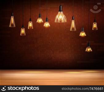 Ceiling light bulbs in empty room with brown brick wall realistic background vector illustration