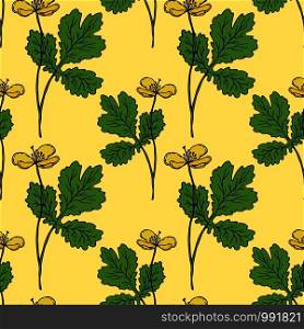 Celandine seamless pattern. Vector print for textile or packaging design. Nature pattern with yellow cedaline flowers. Celandine seamless pattern. Vector print for textile or packaging design. Nature pattern with yellow cedaline flowers.