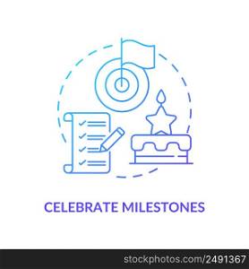 Celebrate milestones blue gradient concept icon. Exercise for self love abstract idea thin line illustration. Recognize achievements. Isolated outline drawing. Myriad Pro-Bold font used. Celebrate milestones blue gradient concept icon