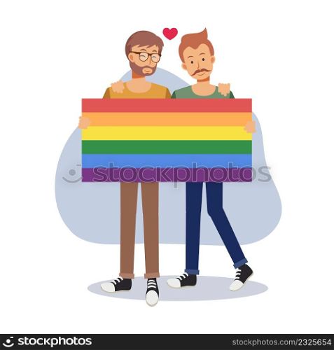 celebrate pride month, Concept of lgbt or bisexual couple, love and romance.rainbow heart.pride parade.Flat Vector cartoon character illustration.