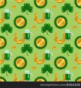 Celebrate St. Patrick&rsquo;s Day with this seamless pattern featuring golden horseshoes, coins, clover leaves, and a full pint of green beer or ale. Perfect for decorating walls, fabrics, and gift wrap.. Celebrate St. Patrick&rsquo;s Day with seamless pattern