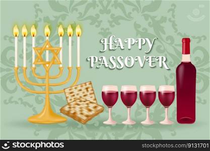 Celebrate the festival of Passover with this beautiful background featuring the Menorah, matzo, red wine set against a patterned design. Vector illustration.. Celebrate the festival of Passover 