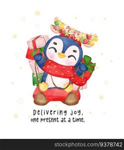 Celebrate the joy of Christmas with this whimsical watercolor artwork. A happy penguin wearing a reindeer antler adorned with the 'Merry Xmas' word and ornaments sits on a sled with wrapped present gift boxes. 