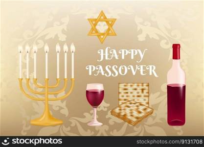 Celebrate the joyous occasion of Passover with this festive background featuring candles, matzah, and red wine amidst a beautiful patterned design. Vector illustration.. Celebrate of Passover with this festive background