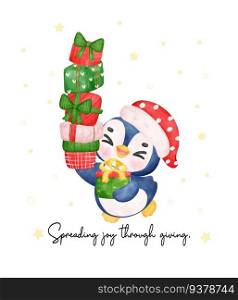 Celebrate the magic of Christmas with this playful watercolor illustration. A cute and happy baby penguin carrying a full stack of wrapped present boxes brings smiles and festive vibes to your projects