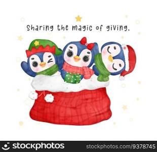 Celebrate the magic of Christmas with this whimsical watercolor illustration. A group of 3 cute penguin friends awaits inside a giant red Santa sack, ready to spread joy and merriment. 