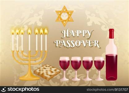 Celebrate the Passover holiday in style with this festive background featuring the Menorah, matzo, and four glasses of red wine arranged against a patterned design. Vector illustration.. Celebrate the Passover holiday, festive background