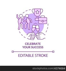 Celebrate your success purple concept icon. Anxiety overcoming method abstract idea thin line illustration. Isolated outline drawing. Editable stroke. Roboto-Medium, Myriad Pro-Bold fonts used. Celebrate your success purple concept icon