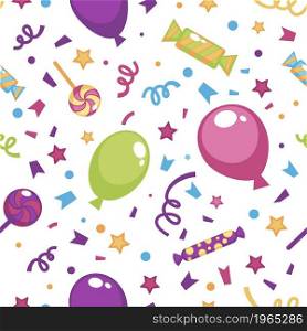 Celebrating and festive decoration. Inflatable balloons, confetti and stars with candies and sweet lollipops. Seamless pattern, background or print, decorative wrapping, vector in flat style. Festive print with balloons and confetti pattern