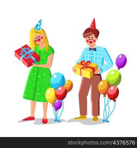 Celebrating Birthday Young Man And Woman Vector. Boy And Girl Holding Gift Boxes, Standing Near Air Balloons Decoration, Celebrating Birthday Together. Characters Celebration Flat Cartoon Illustration. Celebrating Birthday Young Man And Woman Vector