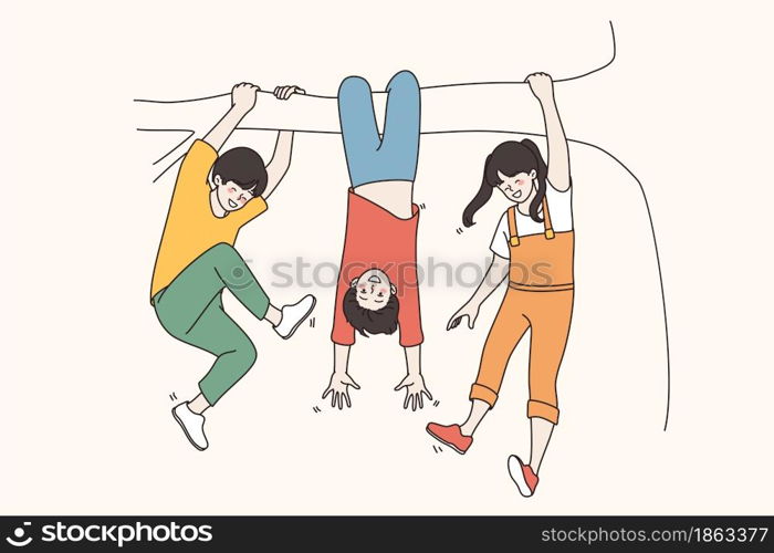 Celebrating Children Day and childhood concept. Happy smiling Children hanging on tree branch having fun enjoying vacations together vector illustration . Celebrating Children Day and childhood concept.