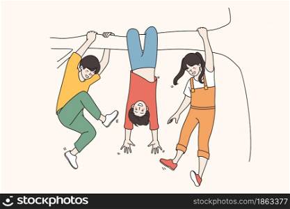 Celebrating Children Day and childhood concept. Happy smiling Children hanging on tree branch having fun enjoying vacations together vector illustration . Celebrating Children Day and childhood concept.