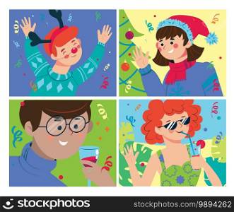 Celebrating Christmas and New Year. Online party of friends. Vector flat cartoon illustration.. Celebrating Christmas and New Year. Online party of friends. Vector illustration.