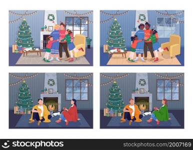 Celebrating Christmas at home flat color vector illustration set. Parents and children hugging. Couple sitting at fireplace. Family 2D cartoon characters with interior on background bundle. Celebrating Christmas at home flat color vector illustration set