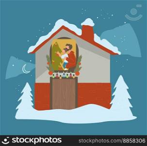 Celebrating Christmas holiday at home. People decorating xmas tree preparing for new year and festivities, House covered with snow, building with garlands with fir branches. Vector in flat style. House with snowy rooftop, Christmas celebration