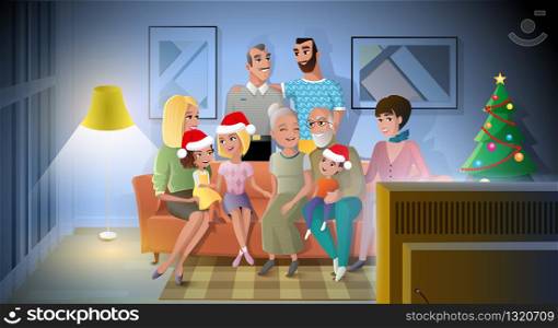 Celebrating Christmas in Family Circle Cartoon Vector Concept. Happy Smiling Relatives, Sitting on Sofa in Living Room near Christmas Tree, Gathering Together in Holiday Evening at Home Illustration