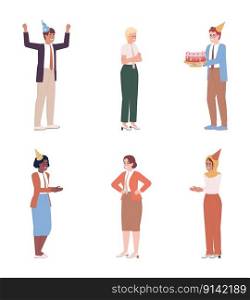 Celebrating coworker birthday at work semi flat color vector characters pack. Editable full body people on white. Simple cartoon style spot illustration bundle for web graphic design and animation. Celebrating coworker birthday at work semi flat color vector characters pack