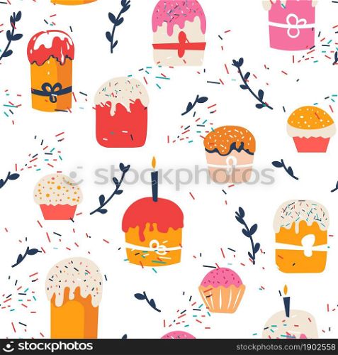Celebrating easter religious and christian holiday. Sweet baked cakes with glazing and burning candle, flora as symbol of spring and resurrection. Pastry and food. Seamless pattern, vector in flat. Easter celebration, cake with candle and flora