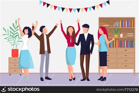 Celebrating event in office, colleagues or partners celebrate special date, payday, sucessful deal, someone birthday, happy group of people women and men raised up hands, office workers rejoice. Celebrating event in office, colleagues or partners celebrate date, payday, successful deal, rejoice