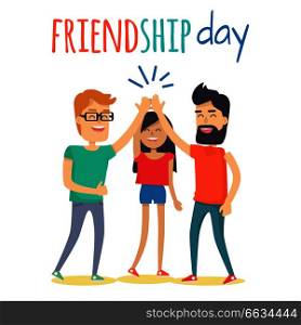 Celebrating friendship day concept. Two man and woman cartoon characters clapping hands in high five gesture flat vector on white background. Happy friends together illustration for greeting card
