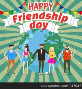 Celebrating Group of happy friends enjoying Friendship Day. Modern graphic. Cartoon style illustration for your design.. Celebrating Group of happy friends enjoying Friendship Day. Modern graphic. Cartoon style illustration for your design. Poster, baner, greeting card.