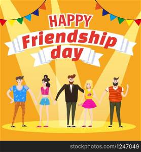 Celebrating Group of happy friends enjoying Friendship Day. Modern graphic. Cartoon style illustration for your design.. Celebrating Group of happy friends enjoying Friendship Day. Modern graphic. Cartoon style illustration for your design. Poster, baner, greeting card.