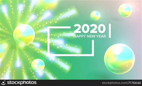 Celebrating Happy New Year Invite Banner Vector. Colorful Glossy Drops, Balls, Shapes And Words With Frame Decorated Fireworks On New Year Greeting-card Annonce. Horizontal Poster 3d Illustration. Celebrating Happy New Year Invite Banner Vector