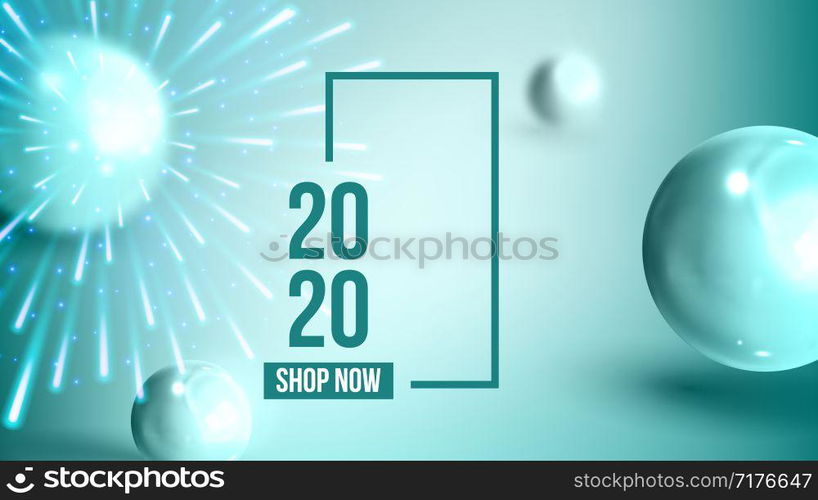 Celebrating Happy New Year Invite Banner Vector. Colorful Glossy Drops, Balls, Shapes And Words With Frame Decorated Fireworks On New Year Greeting-card Annonce. Horizontal Poster 3d Illustration. Celebrating Happy New Year Invite Banner Vector