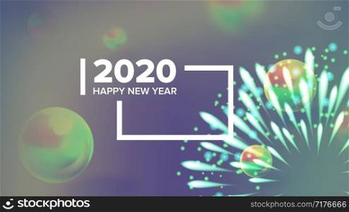 Celebrating Happy New Year Invite Banner Vector. Colorful Glossy Drops, Balls, Shapes And Words With Frame Decorated Fireworks On New Year Greeting-card Annonce. Horizontal Poster 3d Illustration. Celebrating Happy New Year Invite Banner Vector