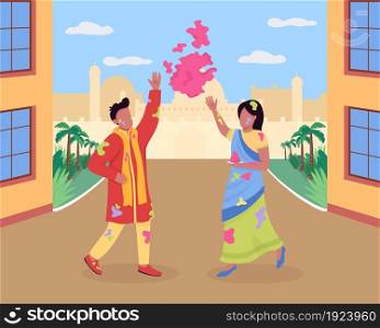Celebrating Holi festival flat color vector illustration. Traditional holiday in India. Enjoy traditions together. Dancing joyful couple 2D cartoon characters with city streets on background. Celebrating Holi festival flat color vector illustration